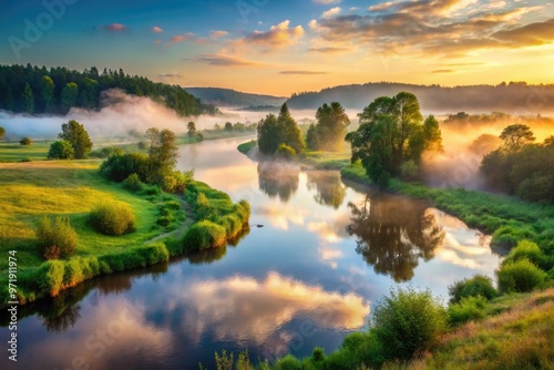 Scenic morning mist rises above tranquil Polla River,-lined with lush greenery, meandering through the heart of a serene and idyllic rural landscape.