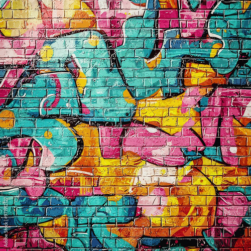  A colorful graffiti brick wall, with vibrant colors in a cartoon style street art design.