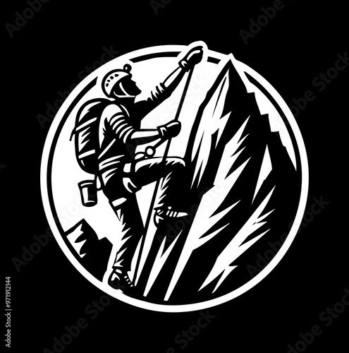 mountain climber engraving black and white outline