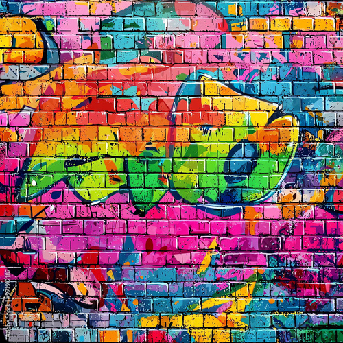 A vibrant graffiti mural of an abstract rainbow-colored fish on the brick wall, created with bright and bold colors