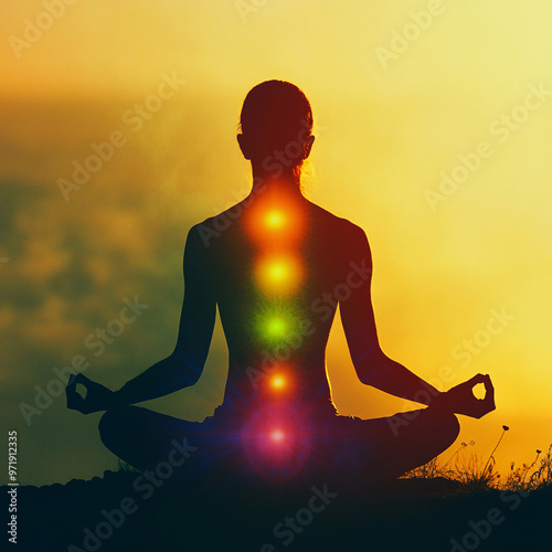 Yoga meditation outdoors. Glowing seven all chakra. sits in a Salute pose on beach sunset view, Kundalini energy 