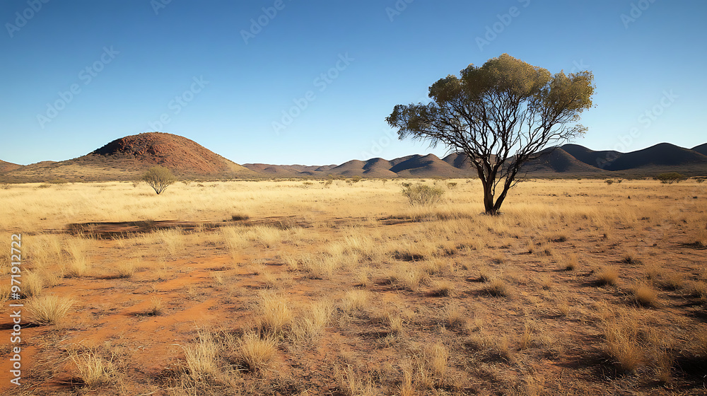 A panoramic view of the Australian Outback during a dry season, highlighting the resilience of desert flora against a stark, rugged landscape A panoramic view of the Australian Outback during a dry season, highlighting the resilience of desert flora against a stark, rugged landscape