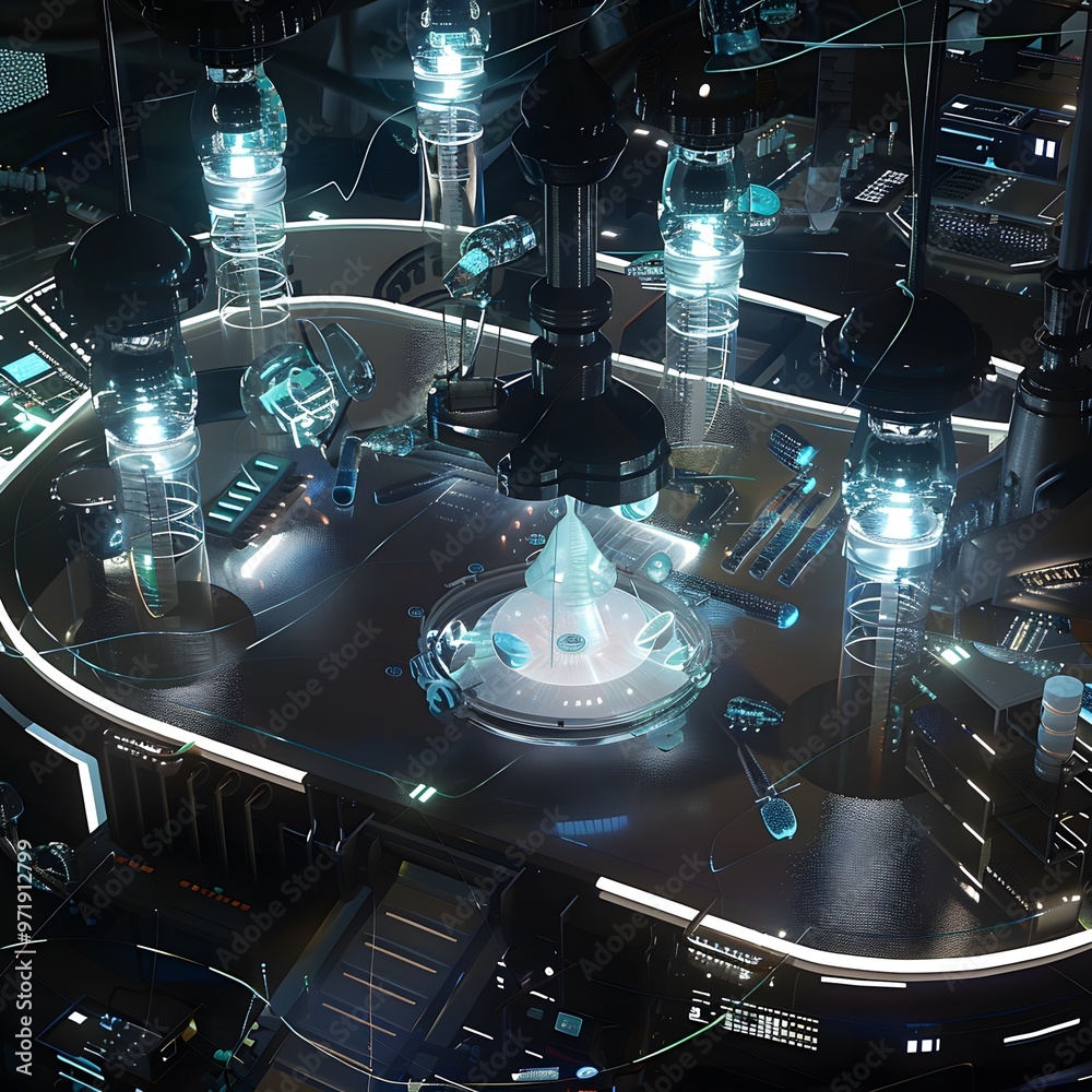 Fototapeta premium Futuristic Lab Scene with Astatine Under High Magnification, Emitting Soft Light, Surrounded by Holographic Displays and Complex Machinery