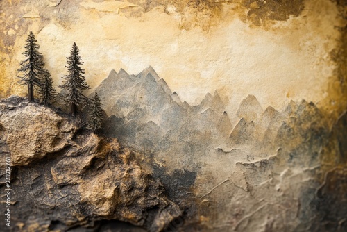 Stone Relief of Two Pine Trees on a Mountainside photo