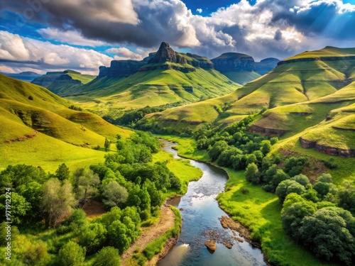 Serene landscape of Thukela River winding through lush green hills and valleys, surrounded by majestic Drakensberg Mountains in the KwaZulu-Natal province, South Africa. photo