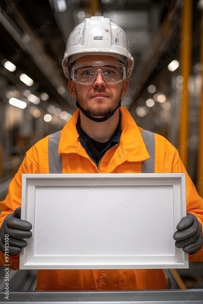 A worker in safety gear holds a blank frame in an industrial setting. A worker in safety gear holds a blank frame in an industrial setting.