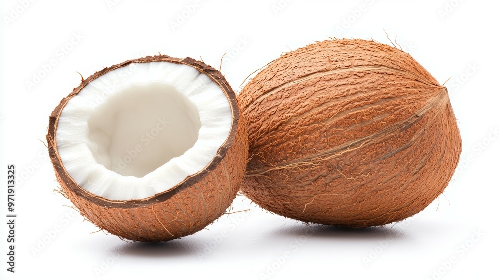 Two coconuts, one of which is open Two coconuts, one of which is open