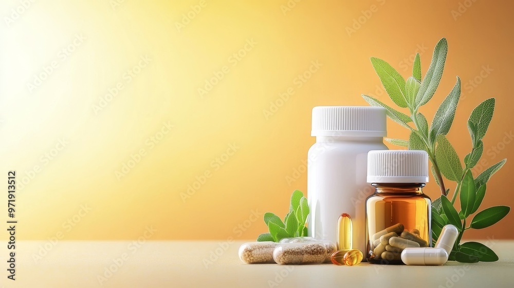 A white bottle of pills sits next to a green leaf A white bottle of pills sits next to a green leaf