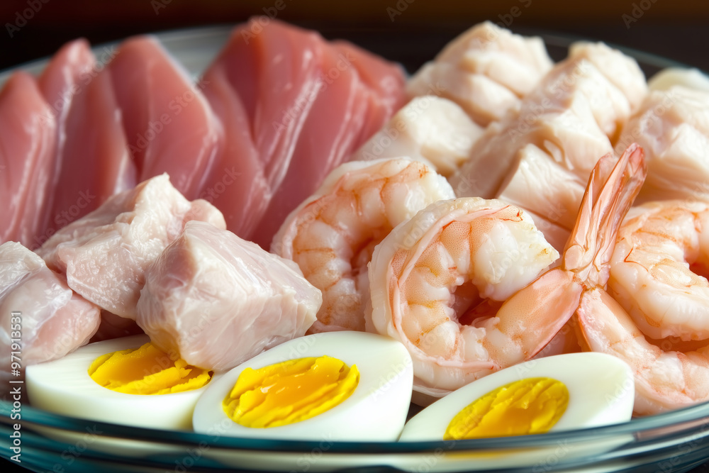 A close-up of a plate of fresh seafood and eggs A close-up of a plate of fresh seafood and eggs