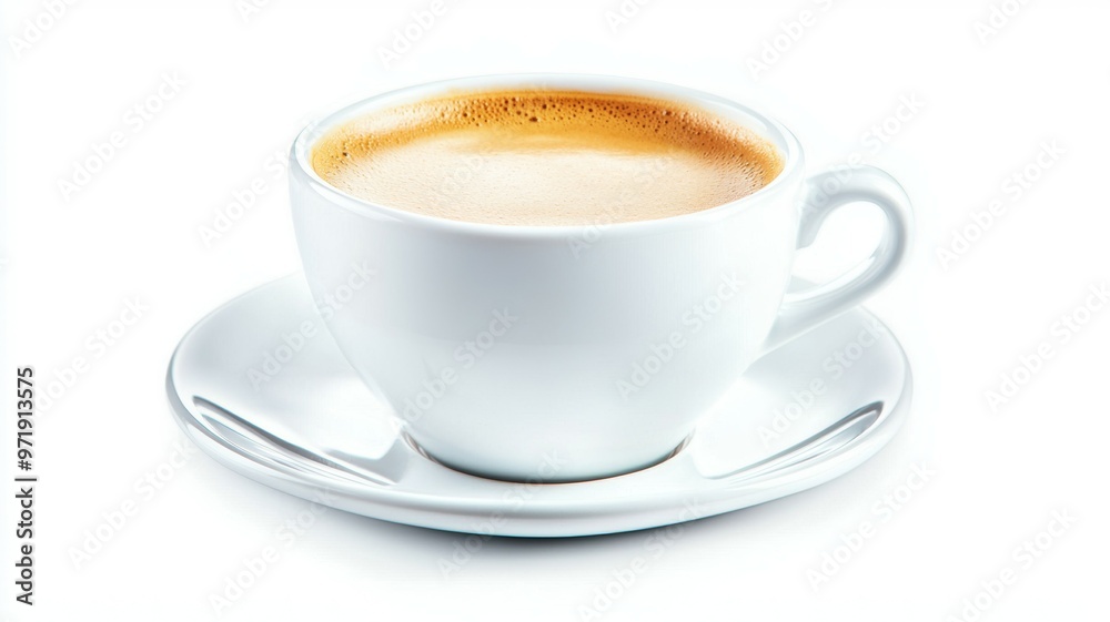 A white coffee cup with a white saucer sits on a white background A white coffee cup with a white saucer sits on a white background