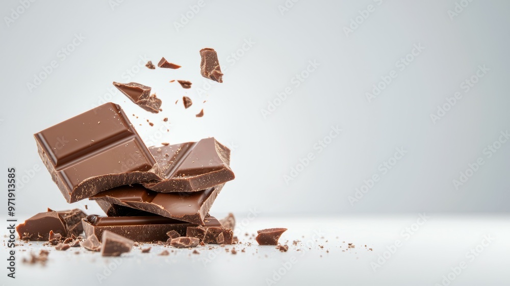 A chocolate bar is broken into pieces and scattered on a white surface A chocolate bar is broken into pieces and scattered on a white surface