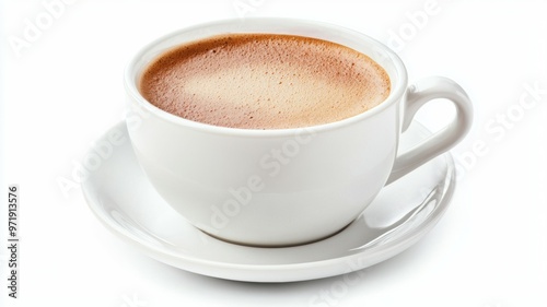 A white coffee cup with a white saucer sits on a table