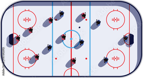 Top down illustration of professional hockey players competing during ice hockey match on ice rink