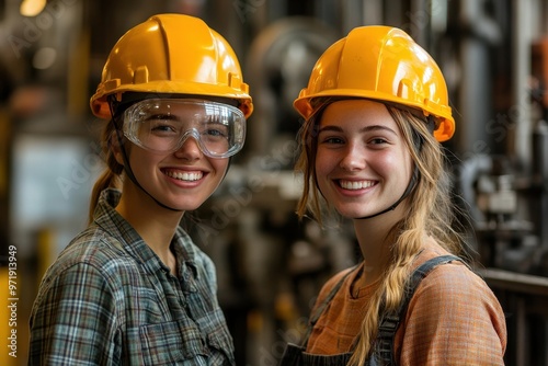 Two smiling young women in safety gear pose in an industrial setting.