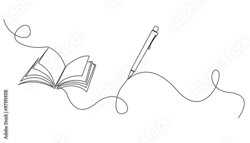 continuous line drawing of open book and pen.one line vector drawing of book and pen.concept of education in one line vector.background for world book day,international education day.