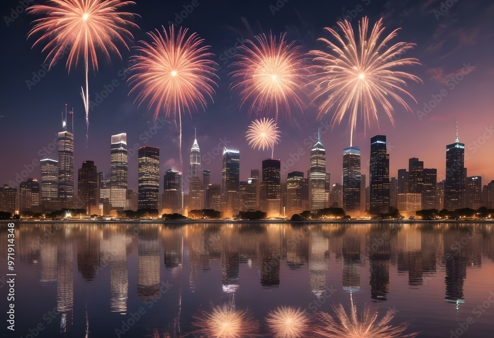 Fototapeta premium Colorful fireworks exploding over a city skyline at night