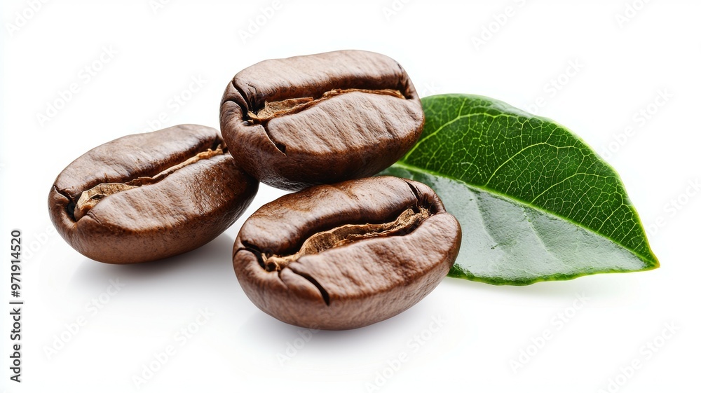 Three coffee beans are on a white background with a leaf Three coffee beans are on a white background with a leaf