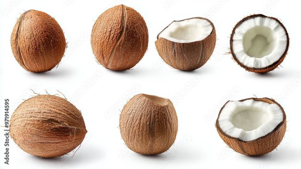 A close up of several coconuts, with one of them being cut open A close up of several coconuts, with one of them being cut open