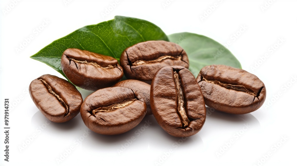 A bunch of coffee beans are on a white background