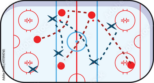 Hockey coach is drawing plays during a timeout showing the movement of the puck and players