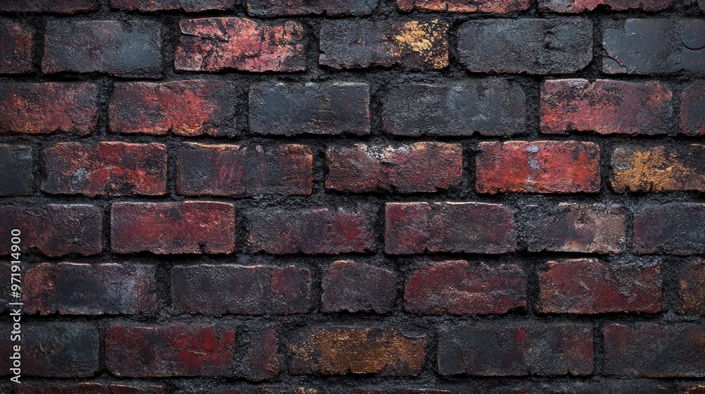 Obraz premium A weathered brick wall with dark mortar and red, black, and gold hues.