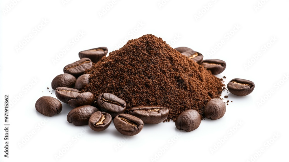 A pile of coffee beans and coffee grounds A pile of coffee beans and coffee grounds