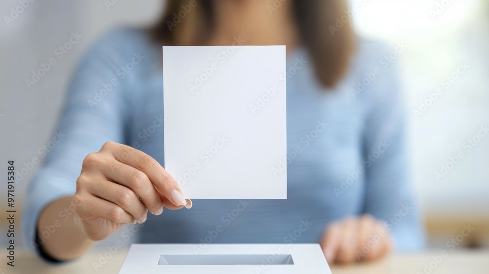 A woman holding a blank piece of paper in front of a voting box A woman holding a blank piece of paper in front of a voting box
