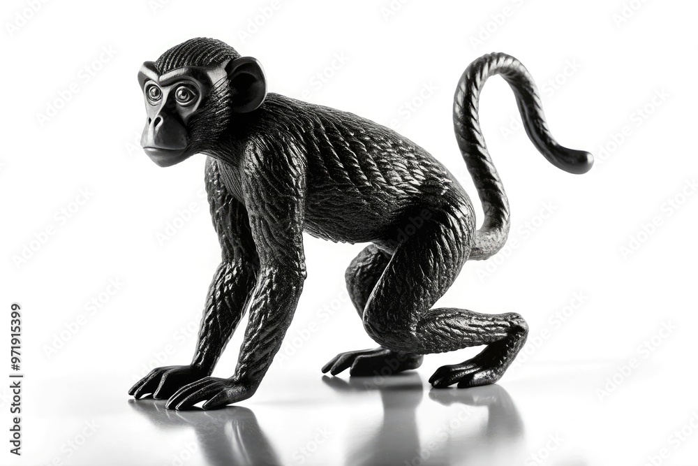Fototapeta premium Silhouetted monkey figurine against a white background, showcasing intricate details in a high-contrast black and white illustration, perfect for digital graphics and designs.