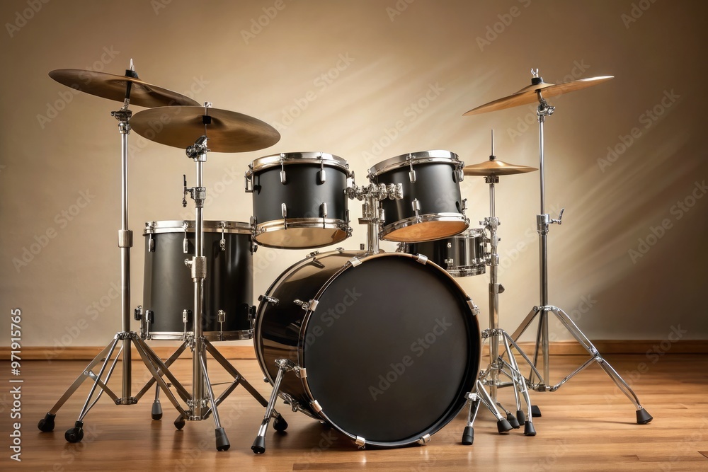 Sleek, modern drum set with simple, matte-black finish, comprising a snare, bass drum, and cymbals, against a clean, neutral-colored studio background. Sleek, modern drum set with simple, matte-black finish, comprising a snare, bass drum, and cymbals, against a clean, neutral-colored studio background.