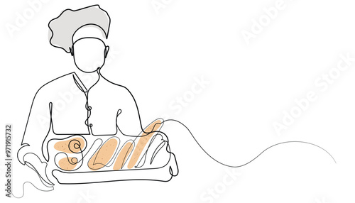 line art drawing of a baker. minimalist line drawing of a baker man showing bread in a bakery. background of a bakery