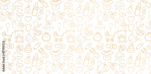 seamless pattern with cute hand drawn doodle elements golden colors isolated white backgrounds for baby shower invitation, baby girl and baby boys fabric printing, patterned fills, webs pages childish