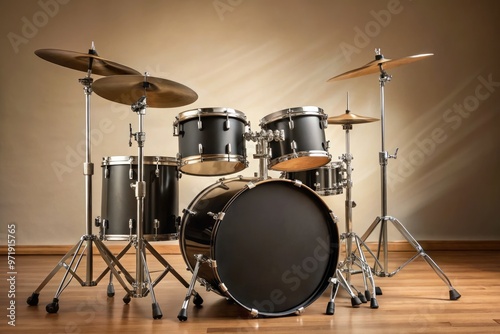 Sleek, modern drum set with simple, matte-black finish, comprising a snare, bass drum, and cymbals, against a clean, neutral-colored studio background. photo