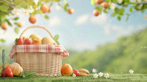 A wicker basket filled with assorted fruits on a grassy field, surrounded by flowers and trees on a sunny day.