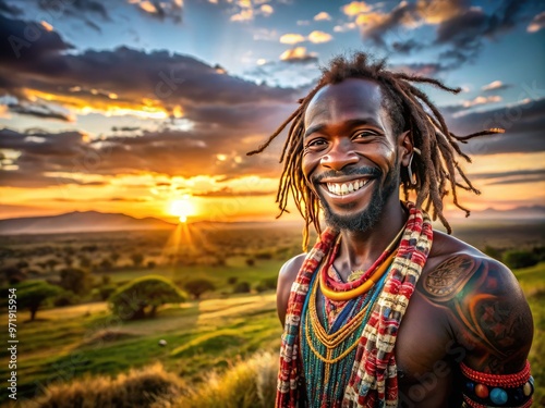 Smiling African man with dreadlocks and colorful tribal tattoos, wearing traditional clothing, stands confidently in front of a vibrant sunset background with expansive savannah landscape.