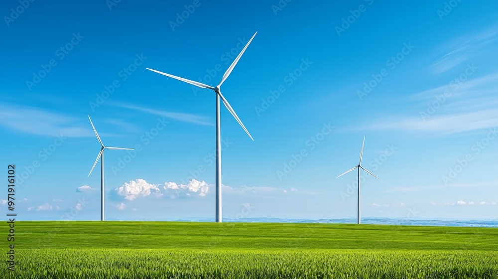 Wind turbines in a green field under a bright blue sky. Concept of renewable energy, sustainability, and environmental conservation Wind turbines in a green field under a bright blue sky. Concept of renewable energy, sustainability, and environmental conservation