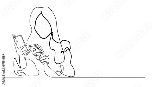 continuous line of woman holding mobile phone and money.one line drawing of online business.single line vector illustration.isolated white background