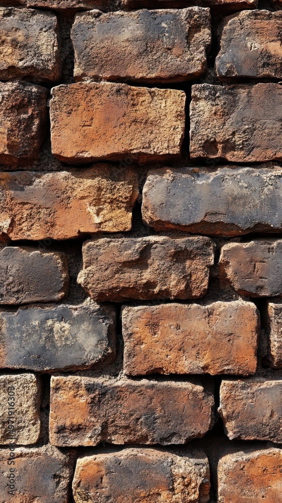 Close-up of a weathered brick wall with a mix of red and brown bricks Close-up of a weathered brick wall with a mix of red and brown bricks