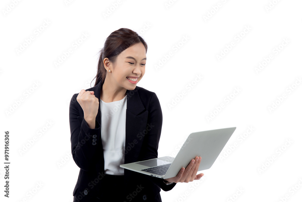Portrait young asian businesswoman in suit celebrating success while holding a laptop isolated white background, business woman holding notebook expression with achievement and winning. Portrait young asian businesswoman in suit celebrating success while holding a laptop isolated white background, business woman holding notebook expression with achievement and winning.