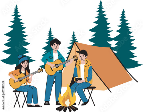 Young People Spend Time in Deep Forest. Active Tourist Characters Sitting on chair with Tents, Playing Guitar at Campfire. Friends Company on Vacation. Cartoon Vector Illustration