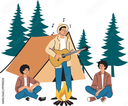 Forest camp scene with tents with playing guitar and campers around campfire. Tourists in wild nature, campground on holidays. Flat vector illustration