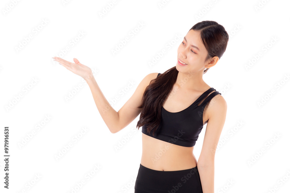 Portrait of beautiful young asian woman in sportwear smile and presenting isolated on white background, sport and exercise for health and weightloss, female and slimming showing something. Portrait of beautiful young asian woman in sportwear smile and presenting isolated on white background, sport and exercise for health and weightloss, female and slimming showing something.