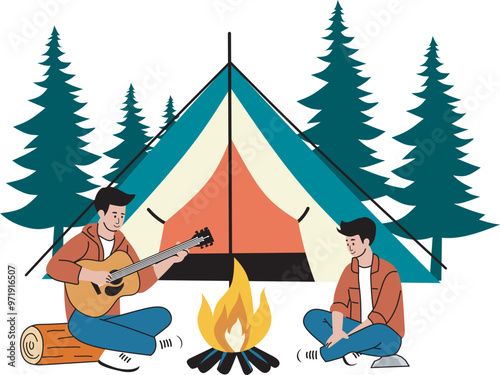 Campfire, camping, story telling concep.Two young  people sitting at fire, telling scary stories,playing guitar activities or leisure time with friends topics