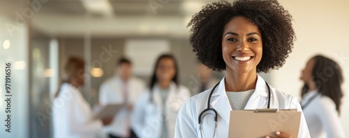 Smiling female doctor holding clipboard with diverse medical team in the background in modern healthcare facility photo