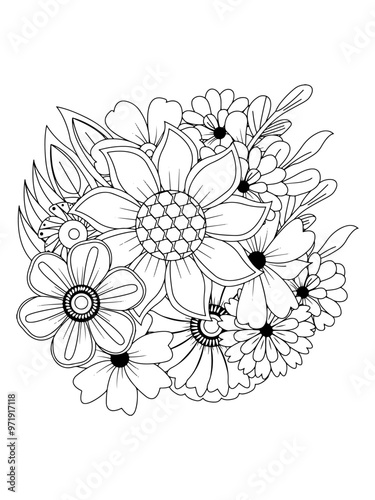 Zentangle coloring page doodle flower hand drawn line art
