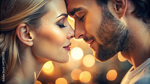 Softly lit, closes-up shot of tenderly touching lips with a subtle smile, conveying intimacy, affection, and romantic love, set against a warm, blurred background. photo