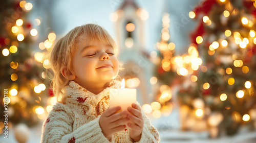 A handsome little angel with blond hair and closed eyes making a wish, holding a Christmas candle in his hand, stands near a church decorated for the holiday with red,