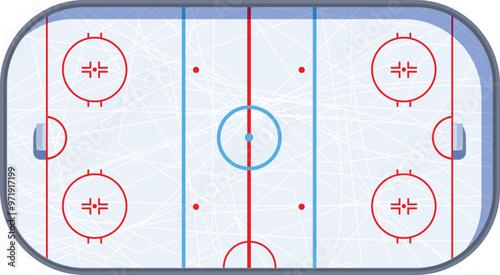 Top down view of an empty ice hockey rink showing all the markings for a regulation game