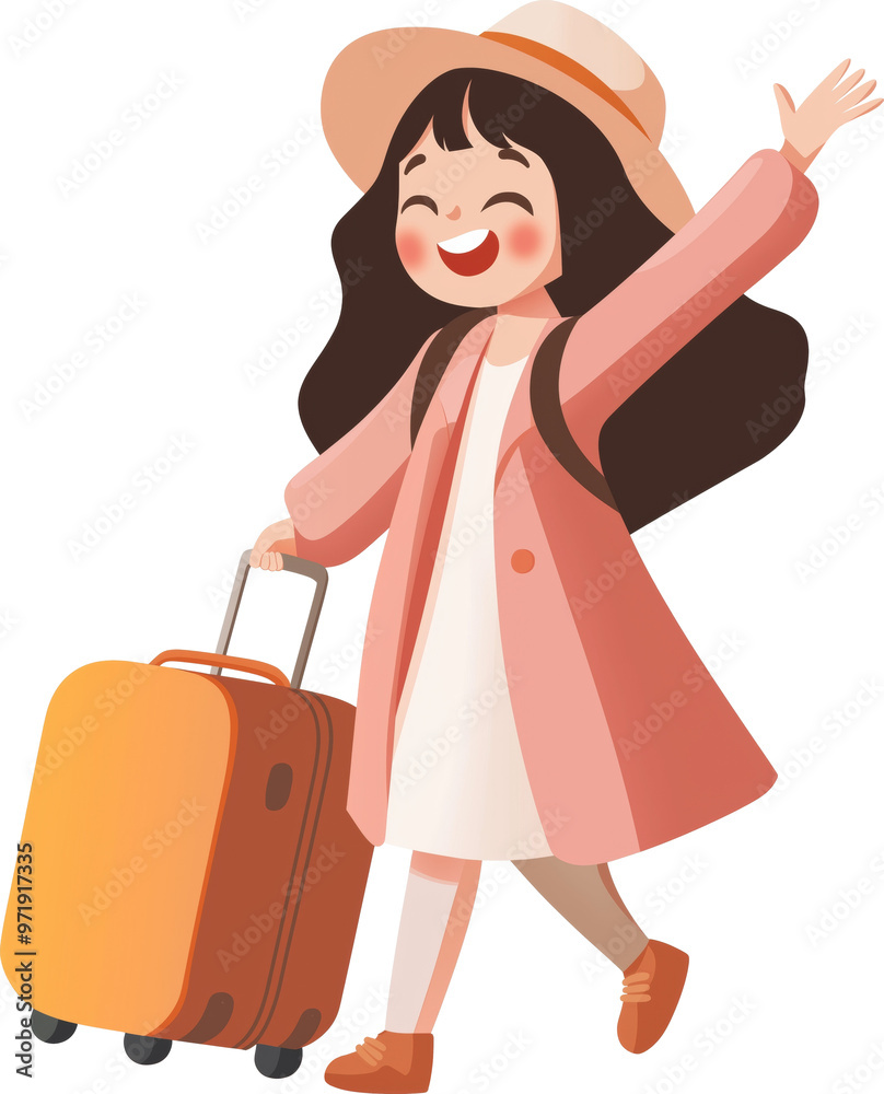Cheerful girl with brown hair in a pink coat happily traveling with suitcase while waving at the airport isolated on transparent background. Cheerful girl with brown hair in a pink coat happily traveling with suitcase while waving at the airport isolated on transparent background.