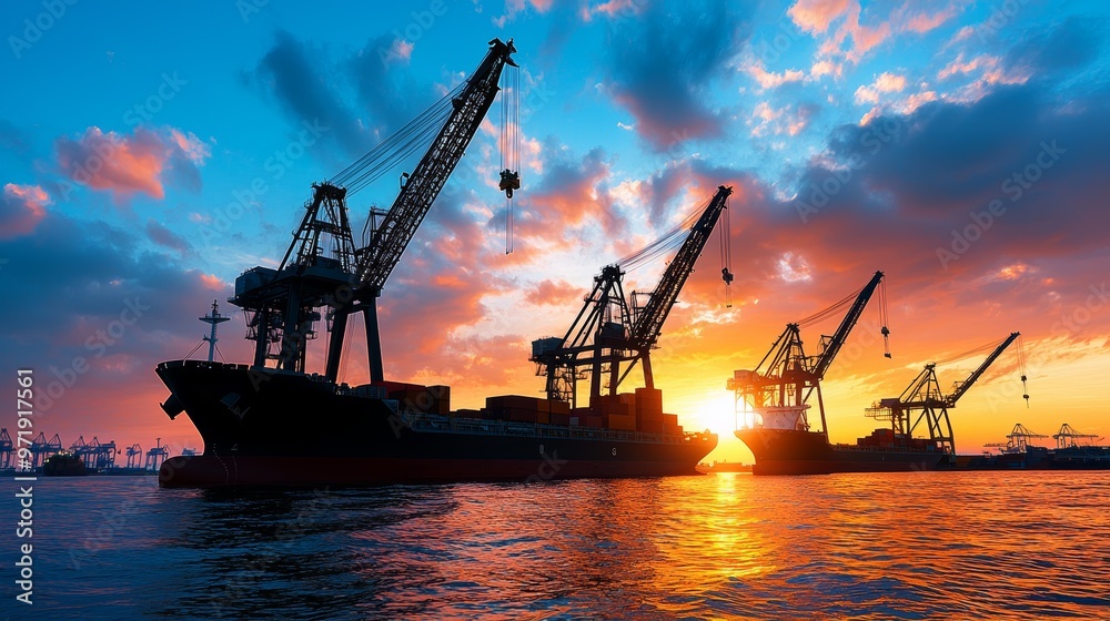 Shipping cranes unloading cargo at a port during sunset. Concept of global trade, industrial logistics, and transportation