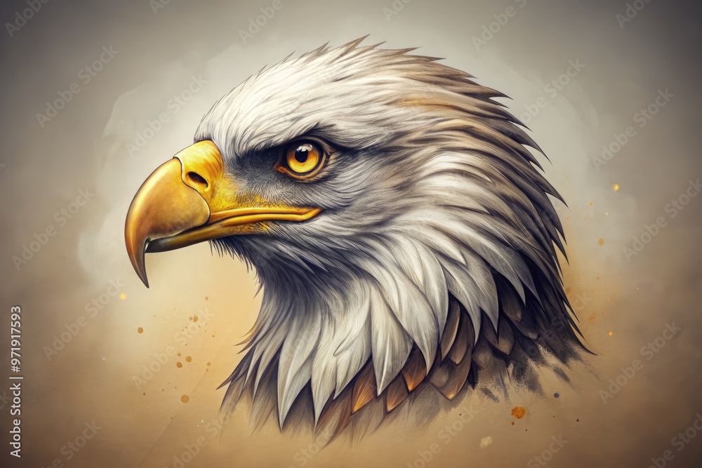Fototapeta premium Solemn bald eagle's majestic head rendered in precise ink lines and delicate shading, set against a subtle gradient background, evoking freedom and strength.